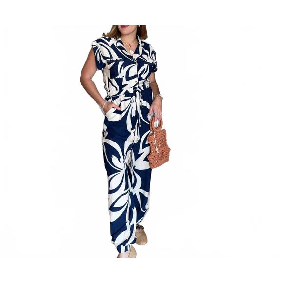 NEW TAELYNN print jumpsuit in navy, white - Picture 1 of 3